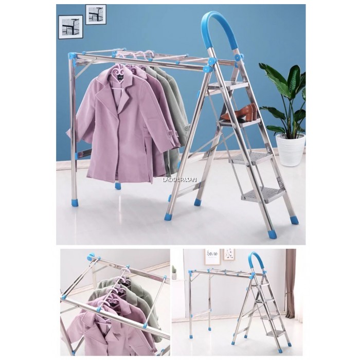 2 in 1 Multipurpose Stainless Steel Step Ladder With Cloth Hanger