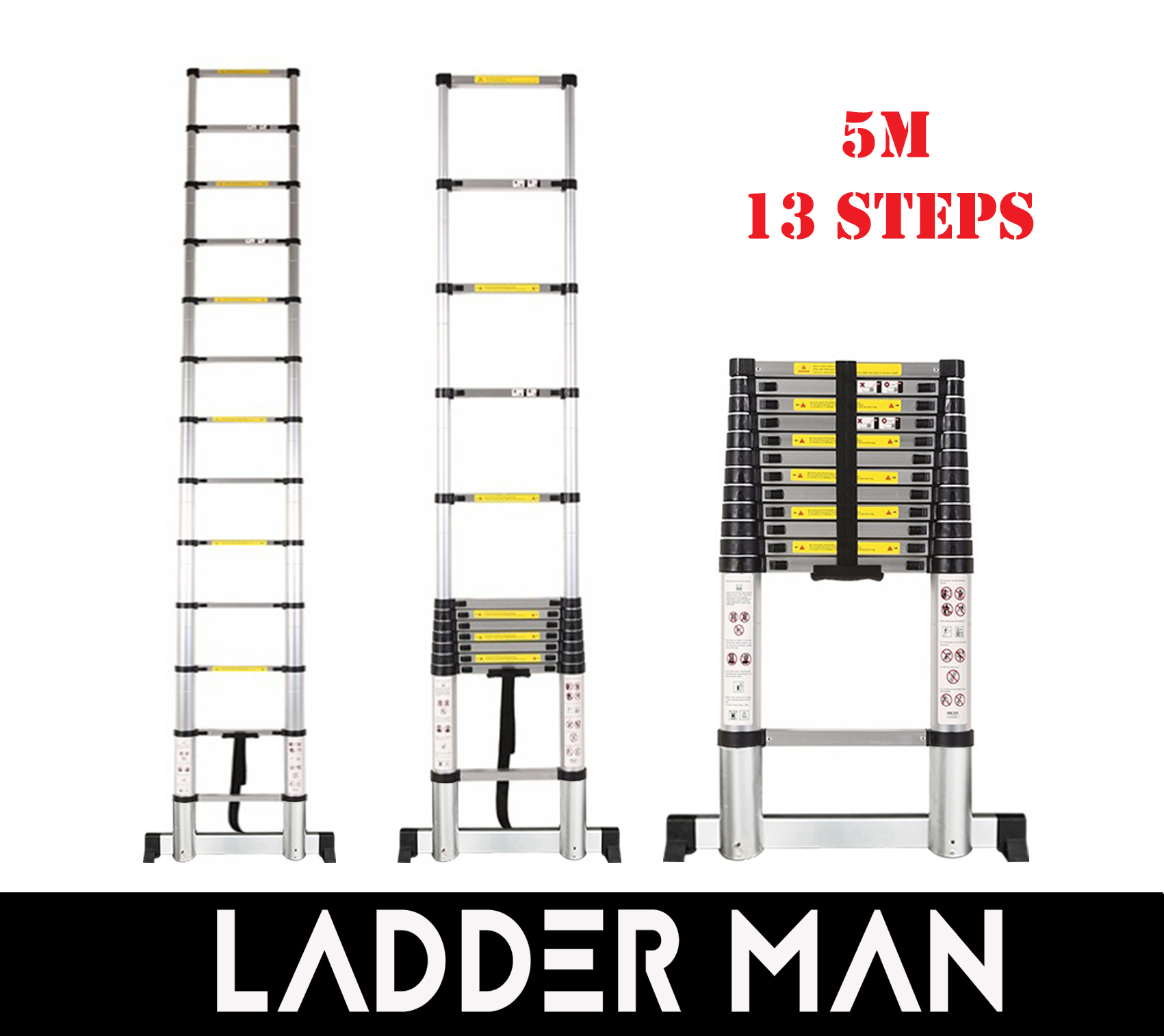 HIGH QUALITY ALUMINIUM TELESCOPIC EXTENDABLE LADDER 5M WITH 13 STEPS