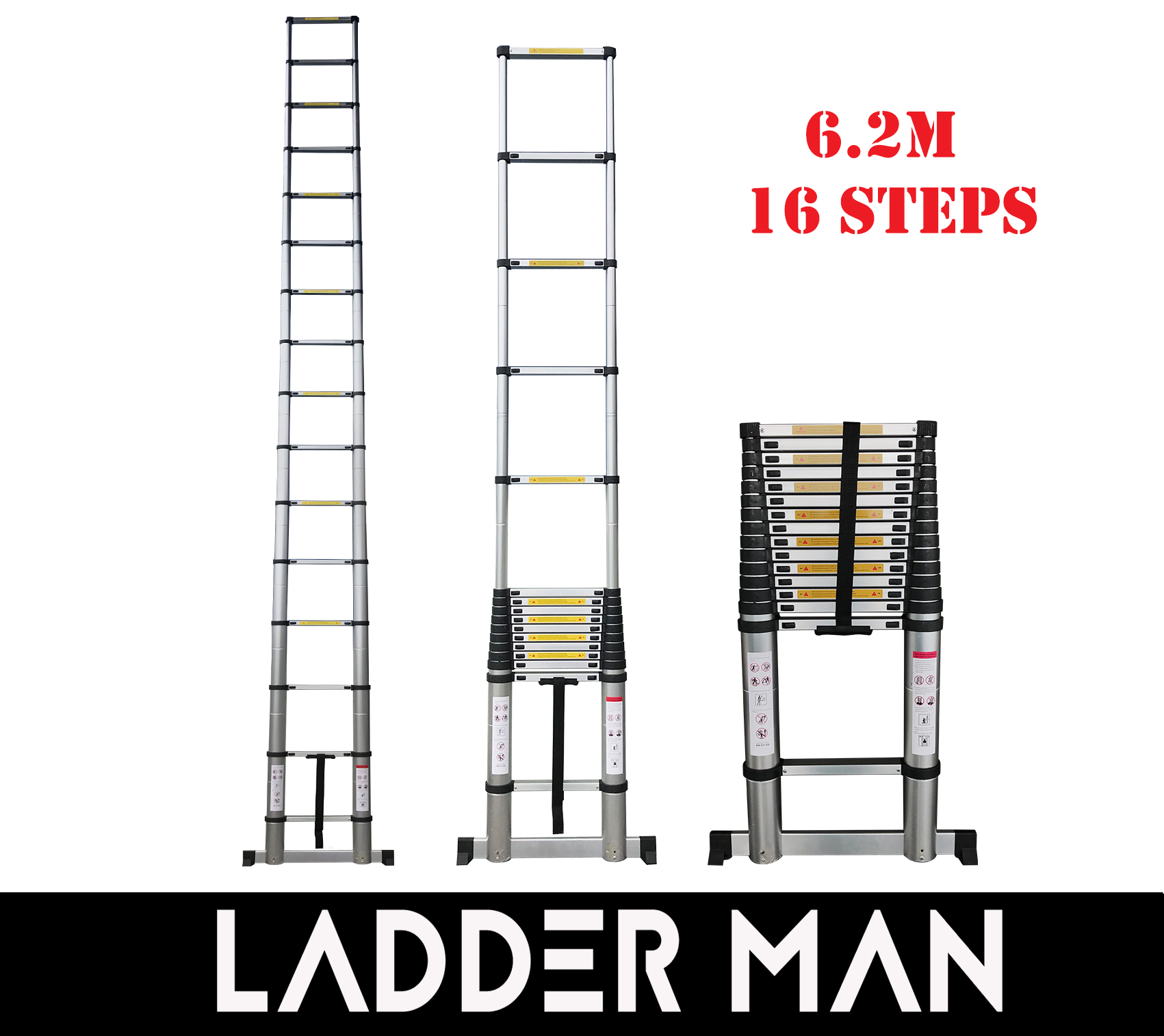 HIGH QUALITY ALUMINIUM TELESCOPIC EXTENDABLE LADDER 6.2M WITH 16 STEPS