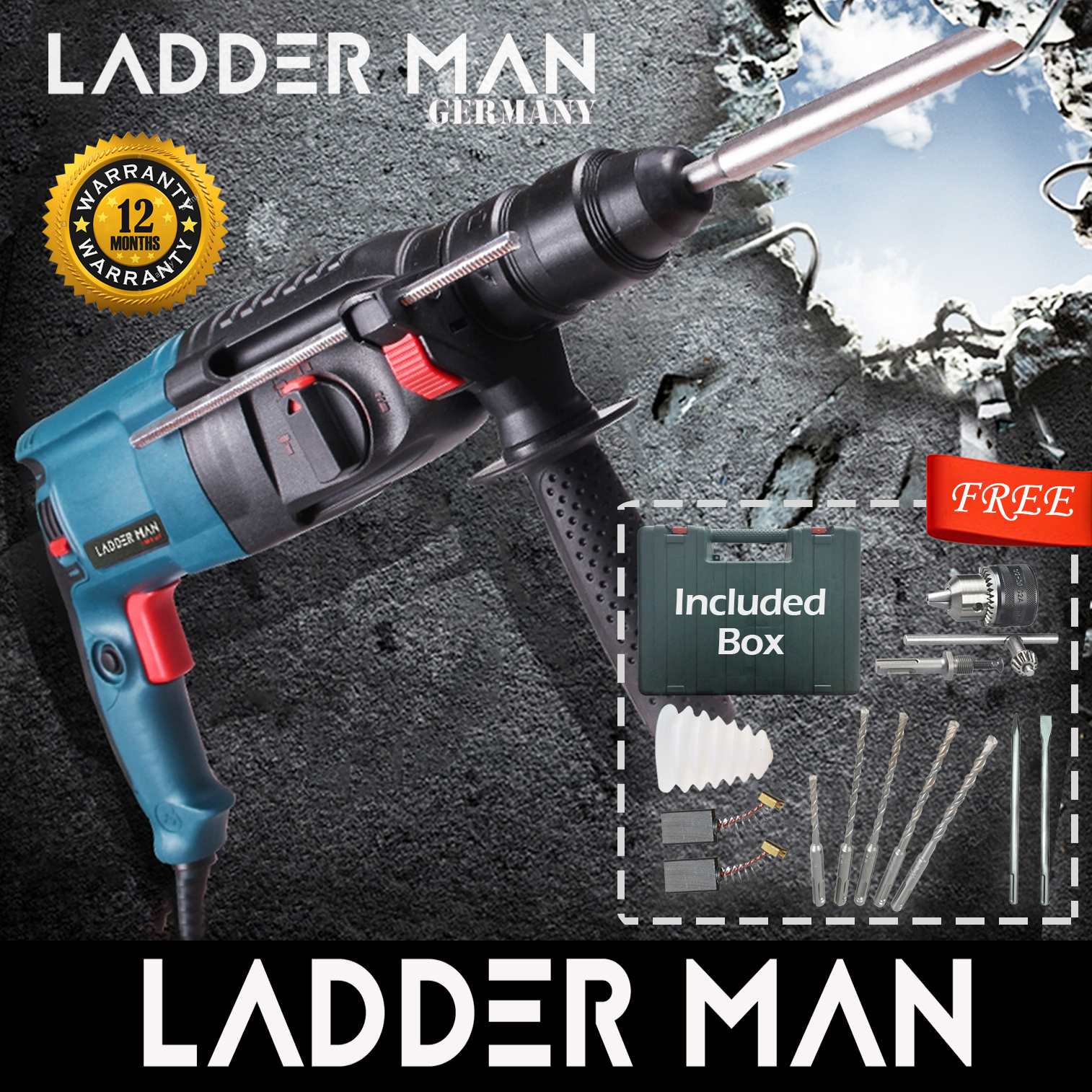 Ladderman GBH 226 26mm 1000W 3 Mode Rotary Hammer Drill Free Accessories